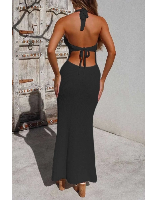 Kadın Boyundan Ve Sırttan Bağlamalı Dekolteli Triko Uzun Elbise