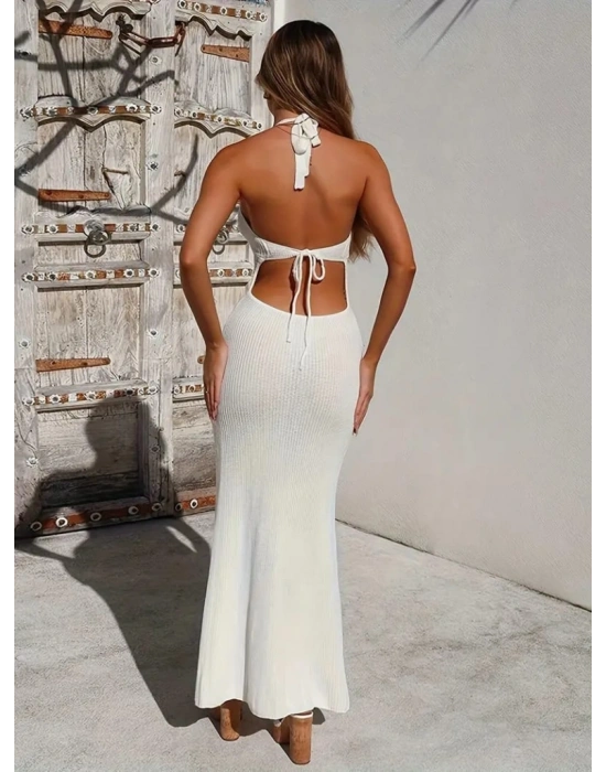 Kadın Boyundan Ve Sırttan Bağlamalı Dekolteli Triko Uzun Elbise