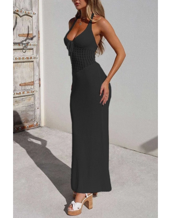 Kadın Boyundan Ve Sırttan Bağlamalı Dekolteli Triko Uzun Elbise