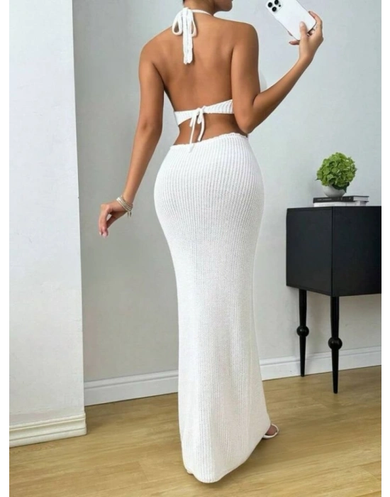 Kadın Boyundan Ve Sırttan Bağlamalı Dekolteli Triko Uzun Elbise