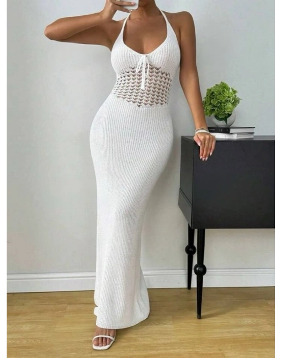 Kadın Boyundan Ve Sırttan Bağlamalı Dekolteli Triko Uzun Elbise