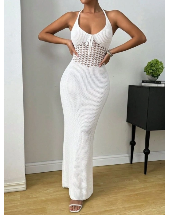 Kadın Boyundan Ve Sırttan Bağlamalı Dekolteli Triko Uzun Elbise