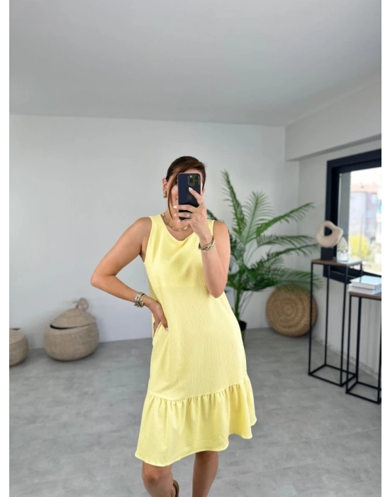 Kadın Bürümcük Kumaş Eteği Fırfır Detaylı Sıfır Kol Elbise