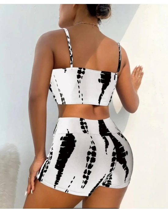 Kadın Büzgü Detay Askılı Crop Mini Tayt Ikili Takım
