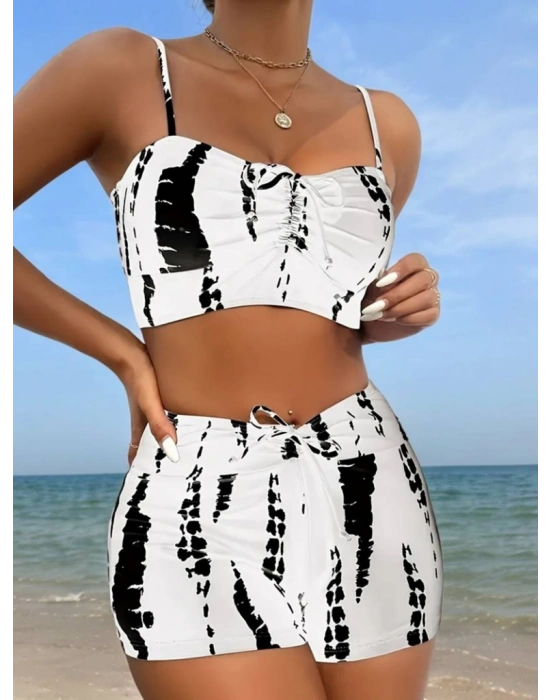 Kadın Büzgü Detay Askılı Crop Mini Tayt Ikili Takım