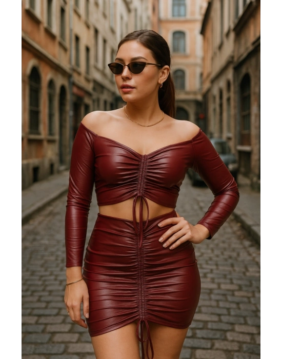 Kadın Büzgülü Deri Etek Takım Fırsat Ürün