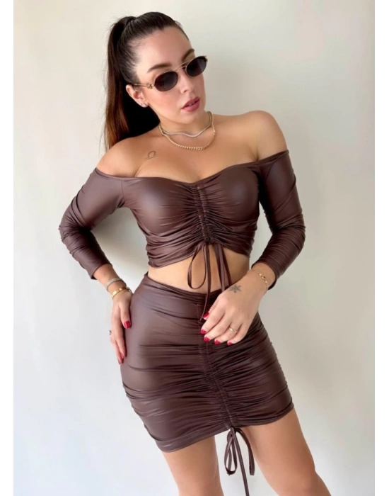 Kadın Büzgülü Deri Etek Takım Fırsat Ürün