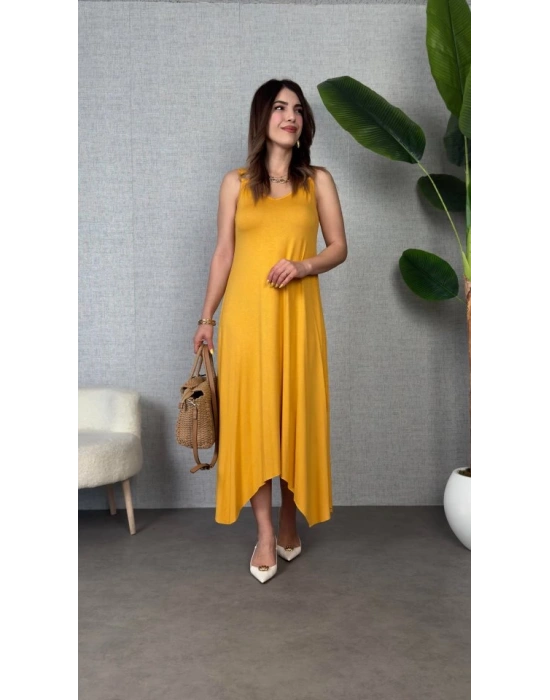 Kadın çan Dokuma Kumaş V Yaka Asimetrik Kesim Elbise