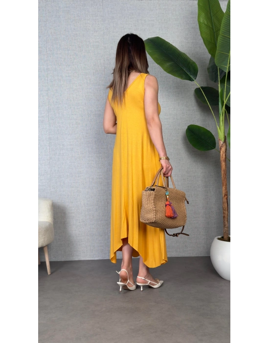 Kadın çan Dokuma Kumaş V Yaka Asimetrik Kesim Elbise