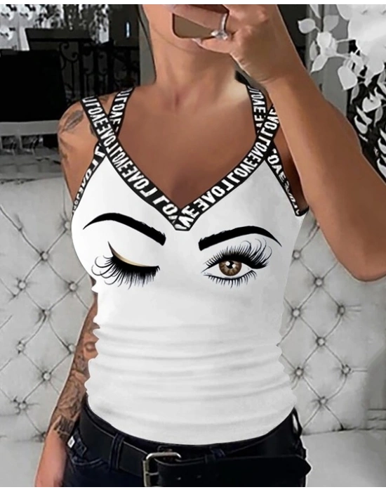 Kadın çapraz Love şeritli Göz Baskılı Viskon Bluz