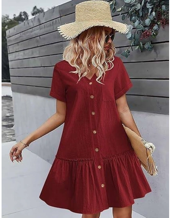 Kadın Cep Detaylı Düğmeli Sofya Keten Kumaş Elbise