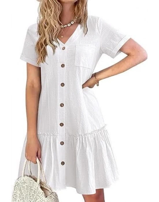 Kadın Cep Detaylı Düğmeli Sofya Keten Kumaş Elbise