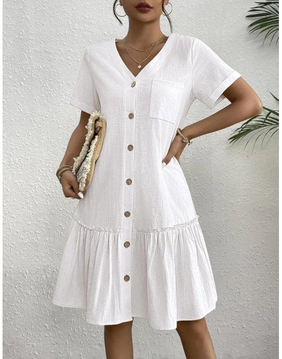 Kadın Cep Detaylı Düğmeli Sofya Keten Kumaş Elbise
