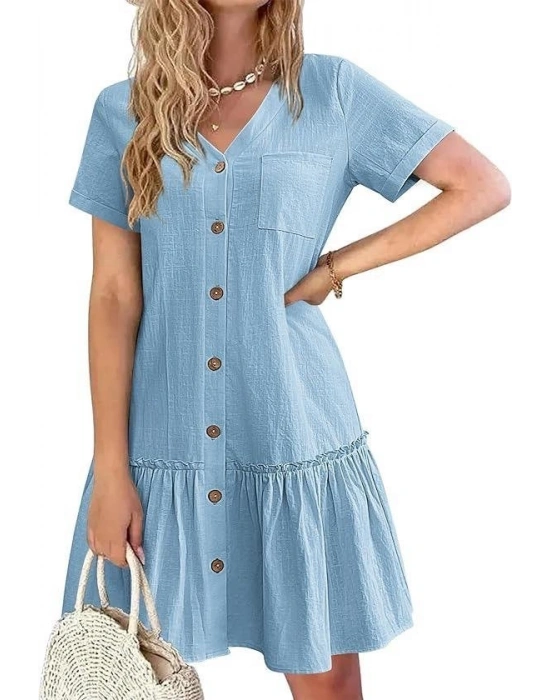 Kadın Cep Detaylı Düğmeli Viskon Keten Kumaş Elbise