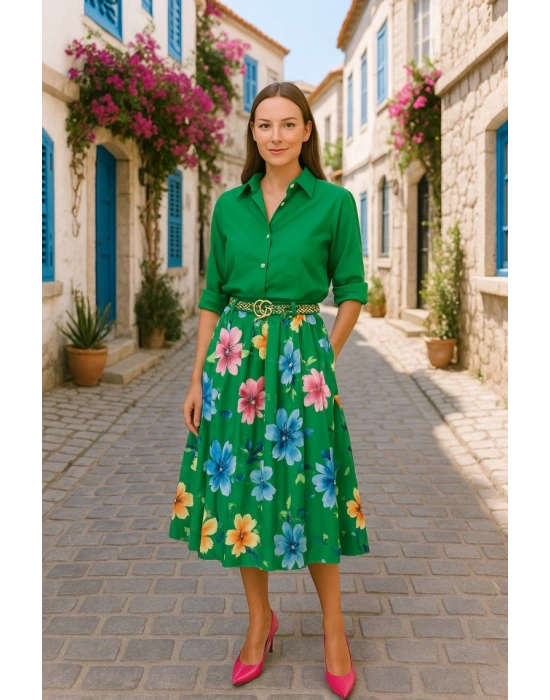 Kadın çiçek Desen Baskılı Pileli Süprem Kumaş Midi Etek (kemersiz)