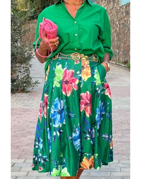 Kadın çiçek Desen Baskılı Pileli Süprem Kumaş Midi Etek (kemersiz)