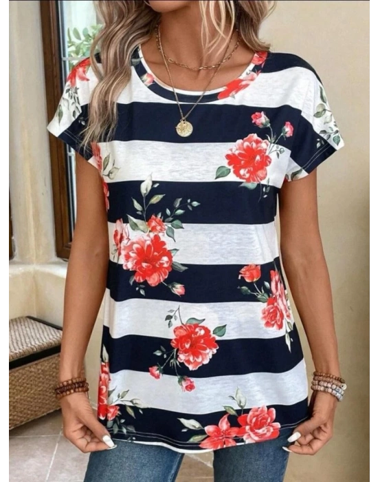 Kadın Çiçek Desenli Yatay Şeritli Bisiklet Yaka Tişört