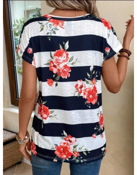 Kadın Çiçek Desenli Yatay Şeritli Bisiklet Yaka Tişört
