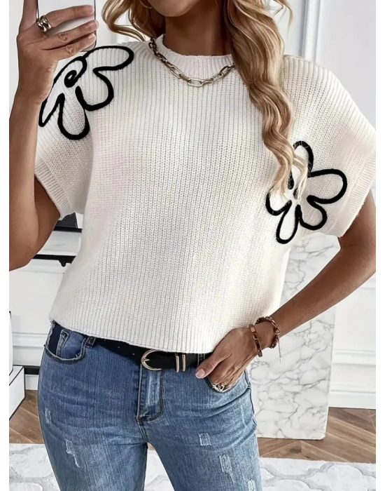 Kadın çiçek Detaylı Triko Bluz