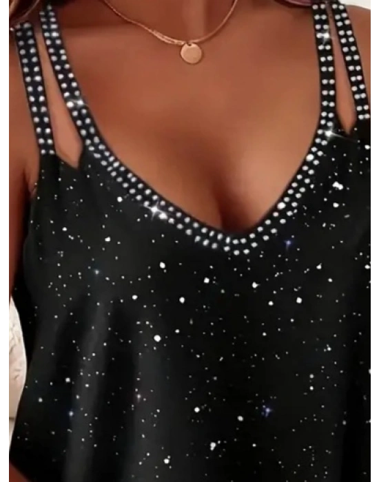 Kadın çift Askılı Derin V Yakalı Taşlı Sandy Bluz