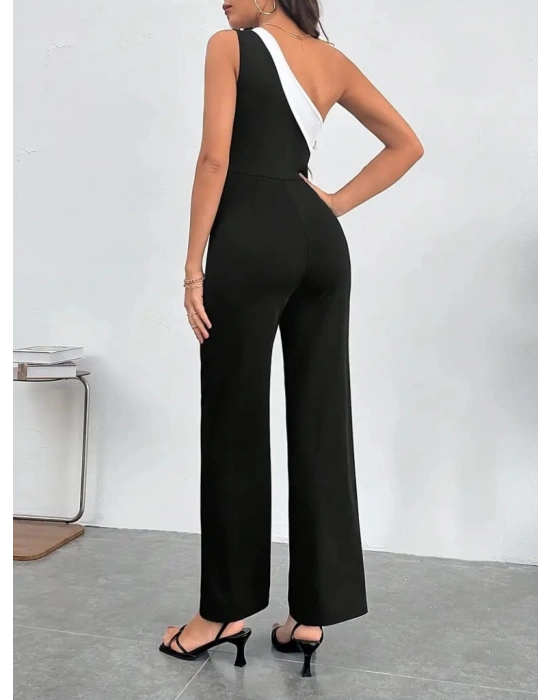 Kadın çift Renkli Tek Omuz Detay Ithal Krep Tulum (kemersiz)