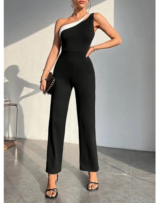 Kadın çift Renkli Tek Omuz Detay Ithal Krep Tulum (kemersiz)