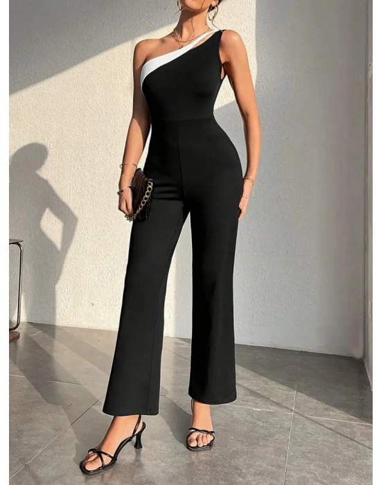 Kadın çift Renkli Tek Omuz Detay Ithal Krep Tulum (kemersiz)