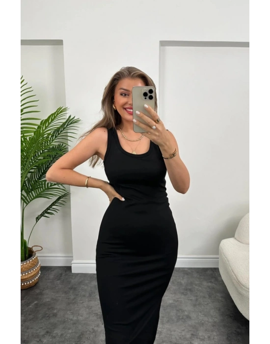 Kadın çift Yırtmaç Detaylı ıfır Kol Midi Boy Elbise