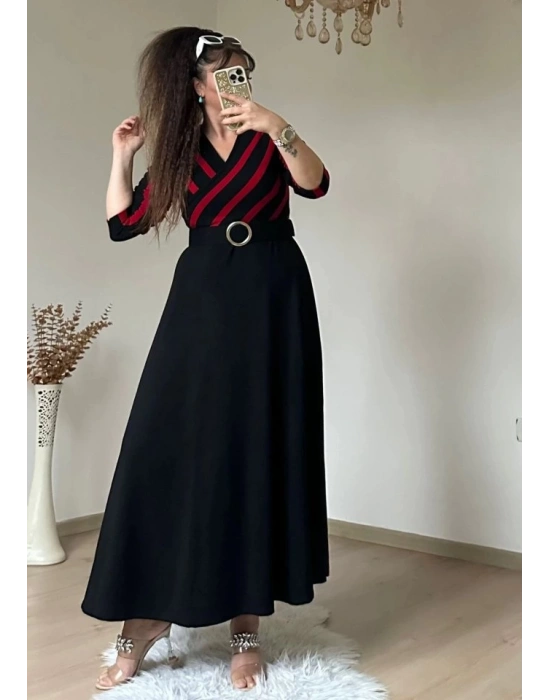 Kadın çizgi Detay Kruvaze Yaka Maxi Boy Triko Elbise