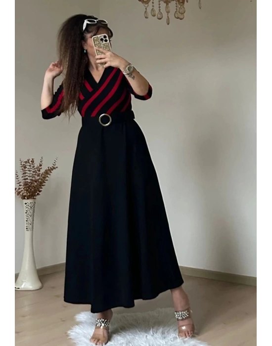 Kadın çizgi Detay Kruvaze Yaka Maxi Boy Triko Elbise