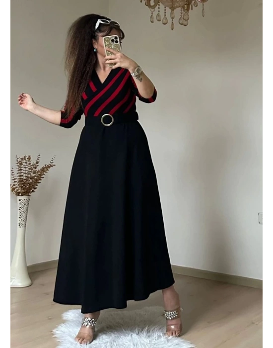 Kadın çizgi Detay Kruvaze Yaka Maxi Boy Triko Elbise