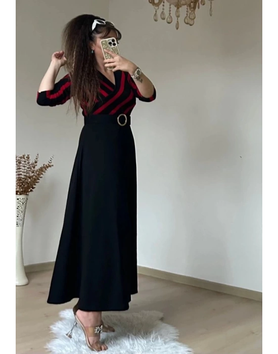 Kadın çizgi Detay Kruvaze Yaka Maxi Boy Triko Elbise