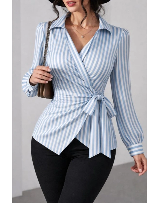 Kadın çizgili Kruvaze Bağlamalı Gömlek