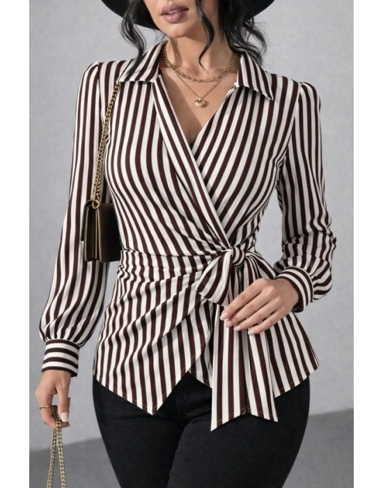 Kadın çizgili Kruvaze Bağlamalı Gömlek