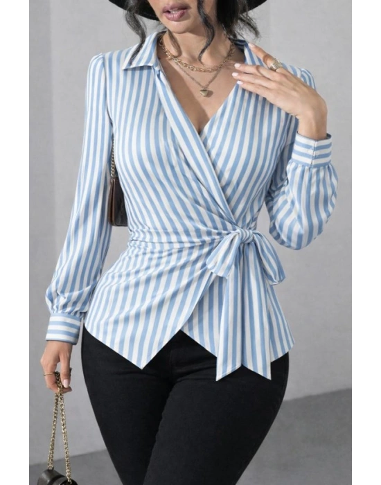 Kadın çizgili Kruvaze Bağlamalı Gömlek