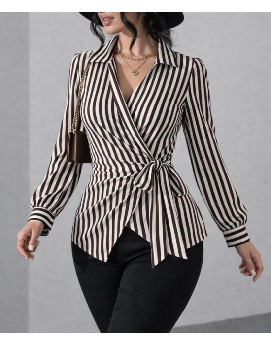 Kadın çizgili Kruvaze Bağlamalı Gömlek