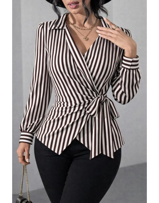 Kadın çizgili Kruvaze Bağlamalı Gömlek