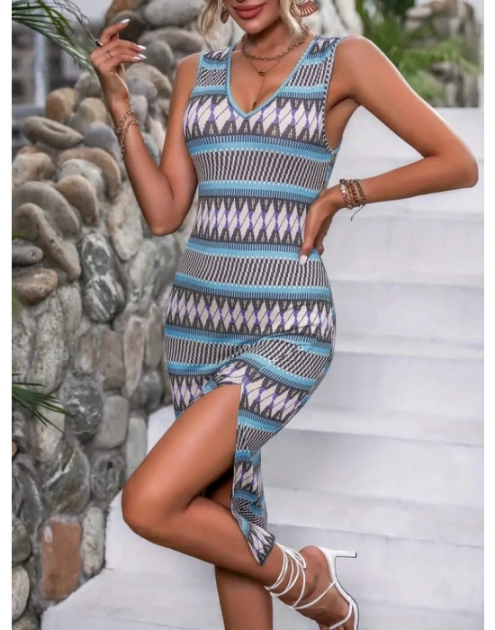 Kadın çok Renkli Yırtmaçlı Dizde Süprem Elbise