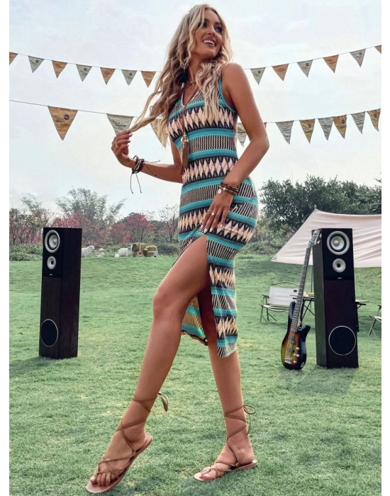 Kadın çok Renkli Yırtmaçlı Dizde Süprem Elbise