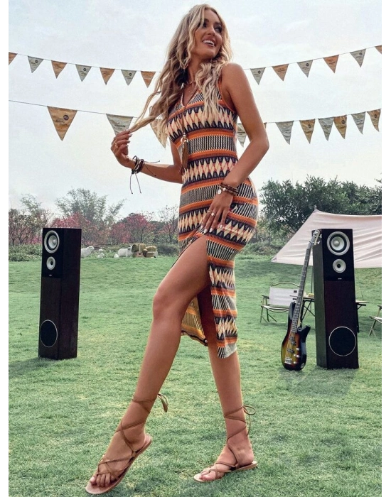 Kadın çok Renkli Yırtmaçlı Dizde Süprem Elbise