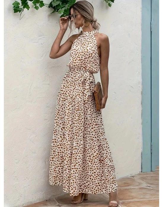 Kadın Daire Yakalı Beli Lastikli Desenli Süprem Elbise