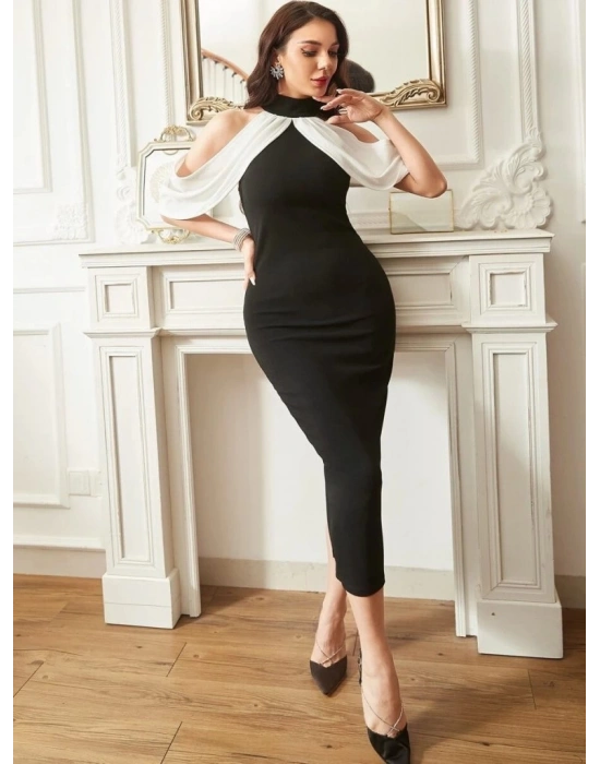 Kadın Daire Yakalı Omuzlardan Kollara Yayılan Kanat Detaylı çift Renkli Uzun Ithal Krep Elbise