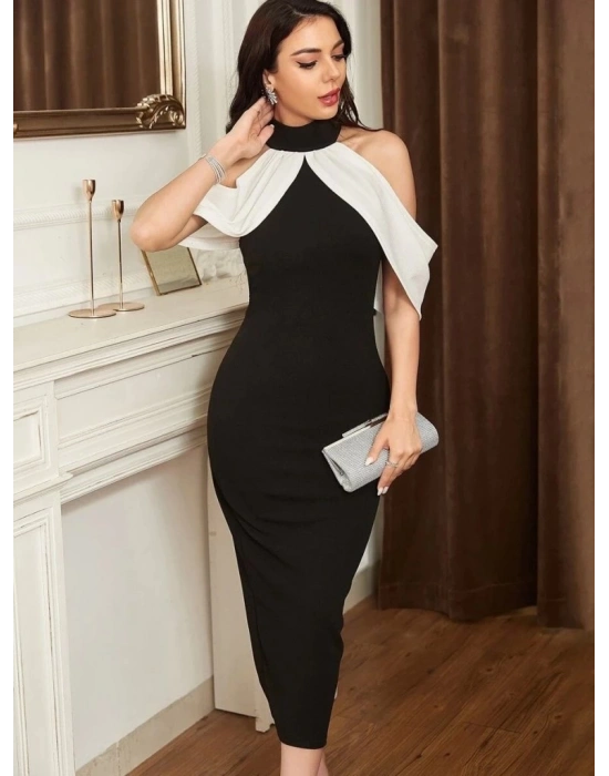 Kadın Daire Yakalı Omuzlardan Kollara Yayılan Kanat Detaylı çift Renkli Uzun Ithal Krep Elbise
