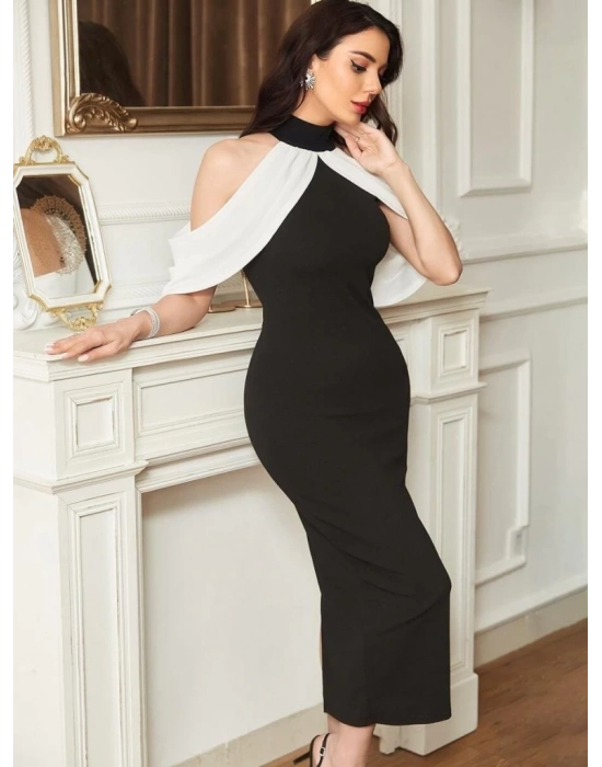 Kadın Daire Yakalı Omuzlardan Kollara Yayılan Kanat Detaylı çift Renkli Uzun Ithal Krep Elbise