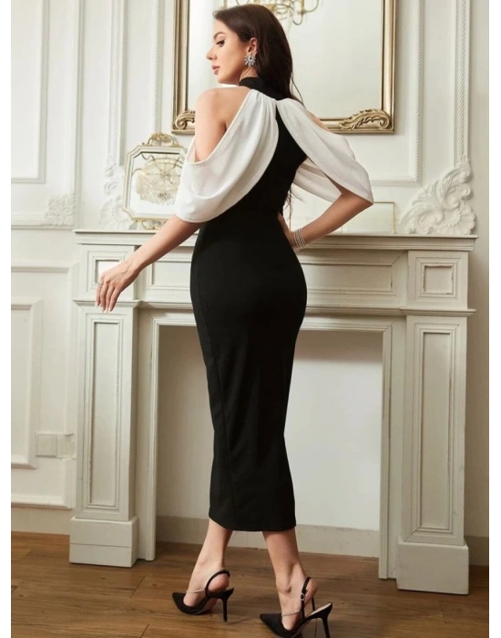 Kadın Daire Yakalı Omuzlardan Kollara Yayılan Kanat Detaylı çift Renkli Uzun Ithal Krep Elbise