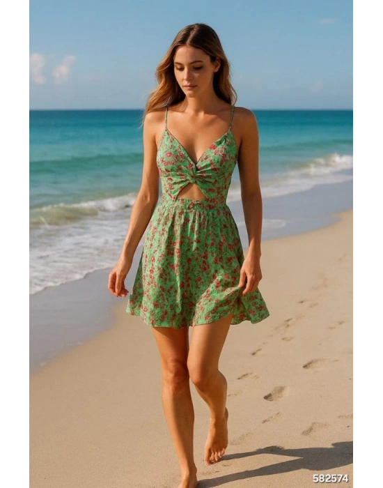 Kadın Dalgıç Krep Kumaş Karın Bölgesinde Dekolte Detaylı Mini Boy Desenli Elbise