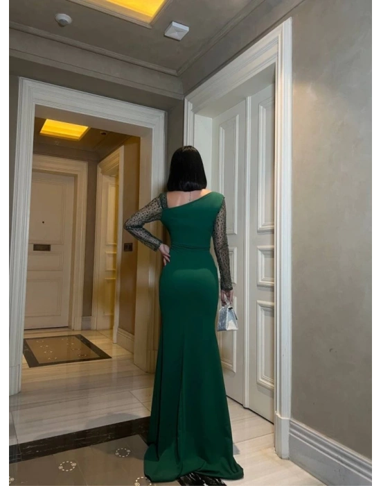 Kadın Dalgıç Krep Kumaş Kolları Tül Ve Taş Detaylı önü Drapeli Maxi Boy Elbise