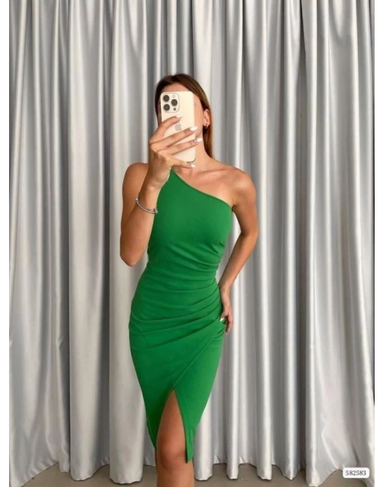 Kadın Dalgıç Krep Kumaş Tek Omuz Yırtmaç Detaylı idi Boy Elbise