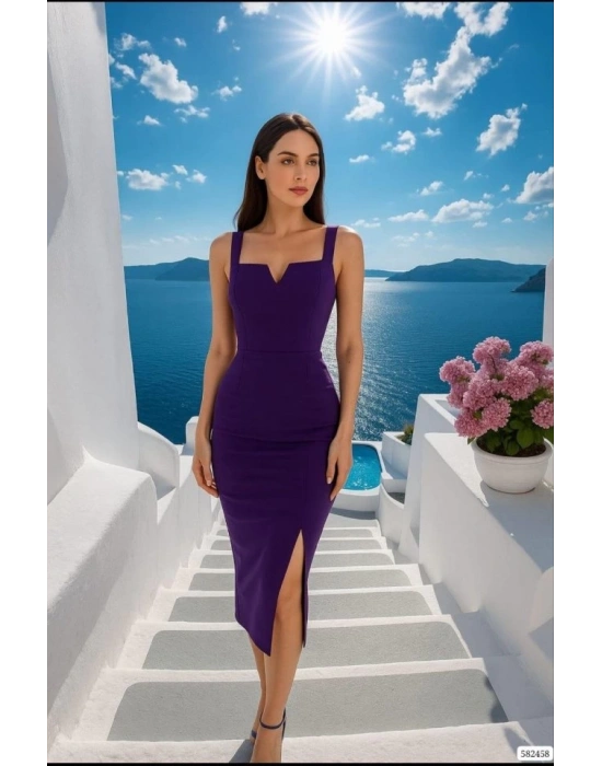 Kadın Dalgıç Krep Kumaş Yırtmaç Detaylı Midi Boy Elbise