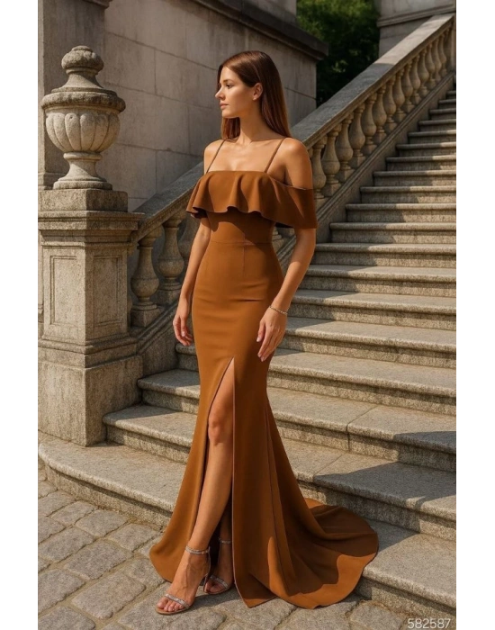 Kadın Dalgıç Krep Yırtmaç Detaylı Askılı Maxi Boy Elbise